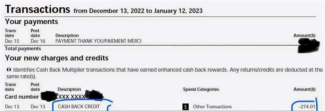 Transaction Showing Cashback from Simplii
